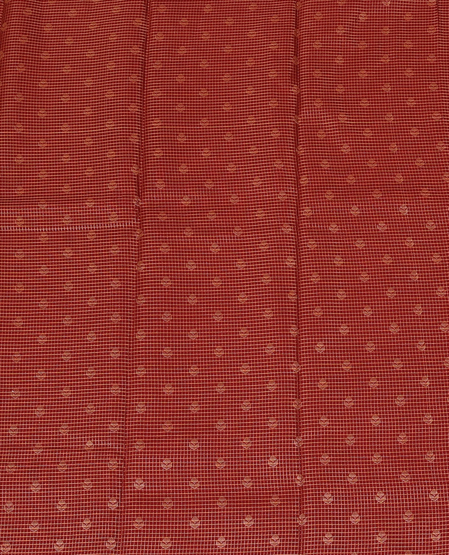 Maroon Art Silk Pavadai Material Set, Detailed with Zari Buttas and Zari Checks All Over Its Skirt, Highlighted with a Contrast Traditional Zari Design Border, and Paired with a Contrast Blouse