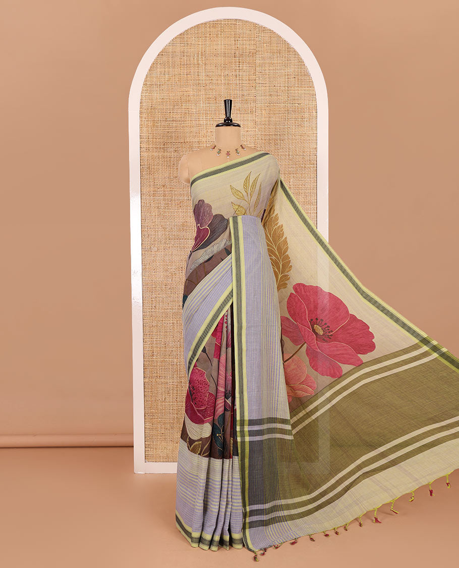 Green stripes, and tropical floral printed Mangalgiri cotton saree, traditional thread border, striped pallu, and a matching blouse