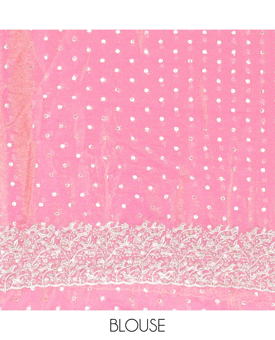 Pink Fendi Chiffon Saree, Steeped with 1000-Buttas All Over Its Body, Highlighted by a Scallop Embroidered Border, a Self-Pallu, and Paired with a Matching Blouse