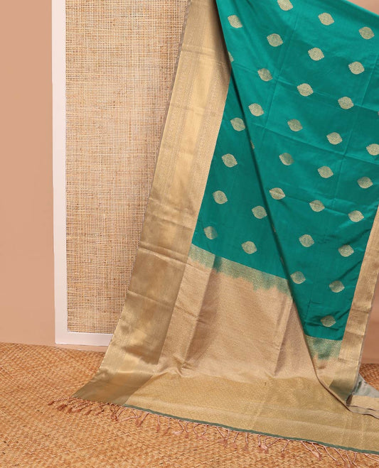 Green leaf design semi soft silk saree with contrast floral design border & jaal design pallu