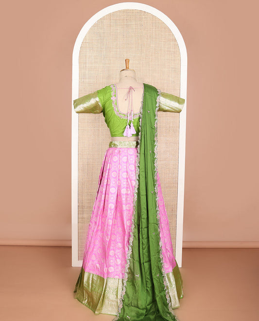 Light Pink floral art silk half saree with contrast zari design border, embroidered blouse & floral embroidery dhavani