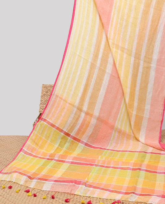 Bordeless multi-color striped linencotton saree with striped pallu