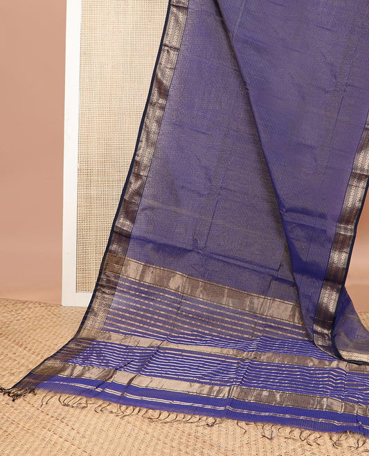 Blue striped maheswari cotton saree with self zari design border & striped pallu