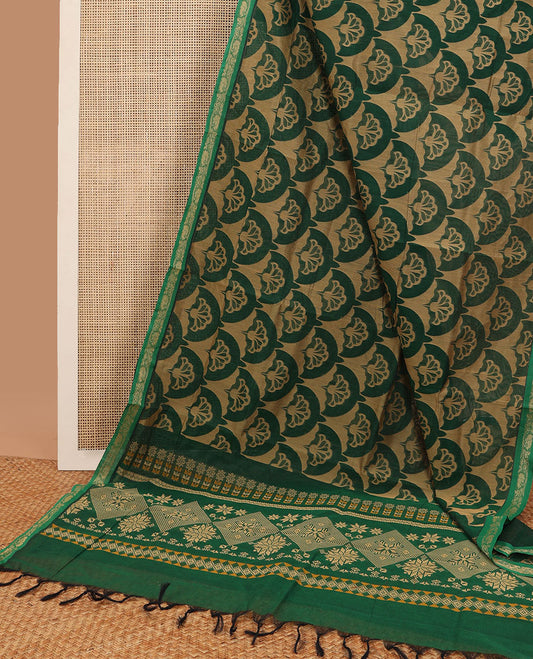 Light brown floral design coimbatore cotton saree with contrast zari design border & floral design pallu