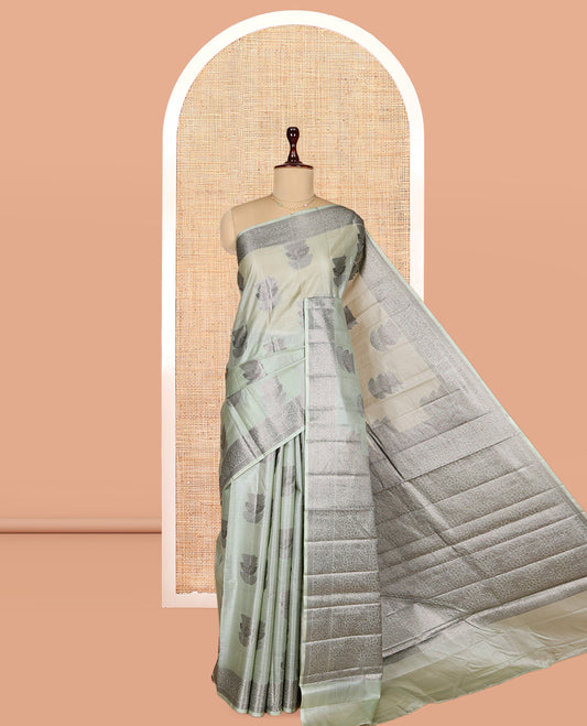 Pale Green Tusser Silk Saree, Woven with Zari Buttas, a Zari Border, Grand Pallu, and a Matching Blouse