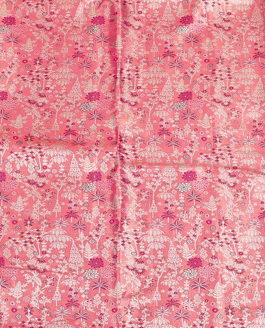 Pink Art Silk Half-Saree, Decorated with Jacquard Design, Contrast Floral Zari Border, Paired with a Contrast Jacquard Blouse, and an Intricate Dhavani