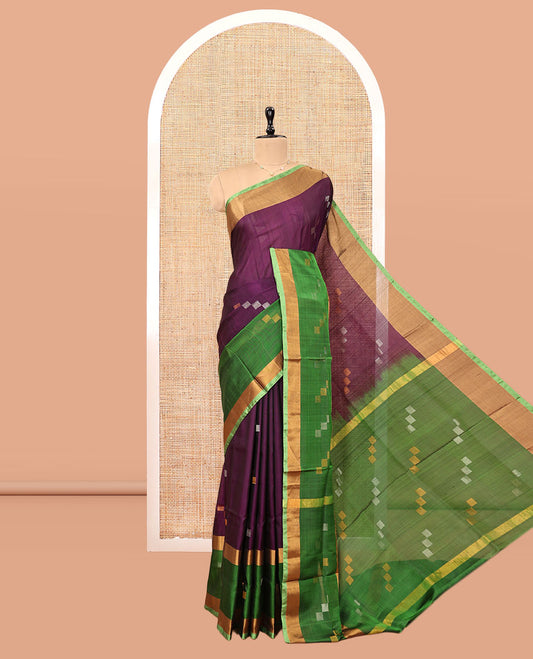 Purple Uppada Silk Saree, Adorned with Square-Shaped Buttas, Contrast Square-Shaped Buttas Border, Buttas Woven Pallu, and a Contrast Blouse