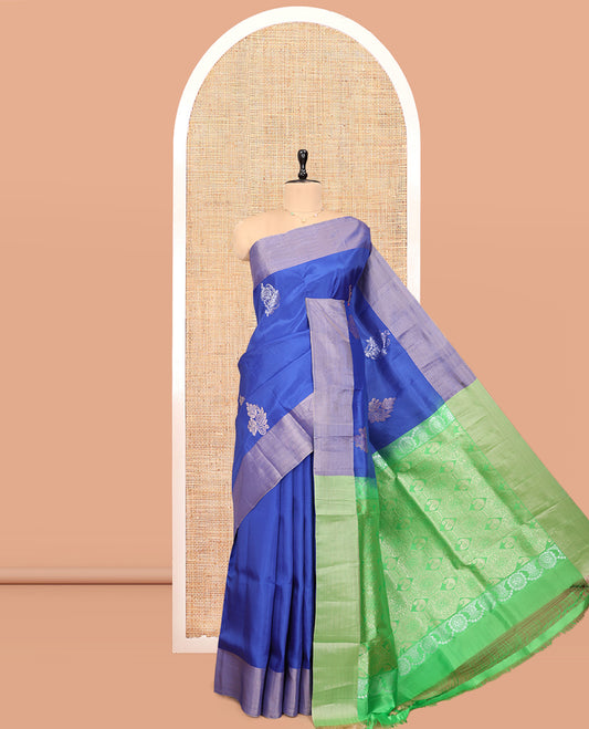 Blue Semi Uppada Saree, Enthralled with Zari Buttas, a Bavanji Border, Contrast Intricate Pallu, and a Contrast Blouse