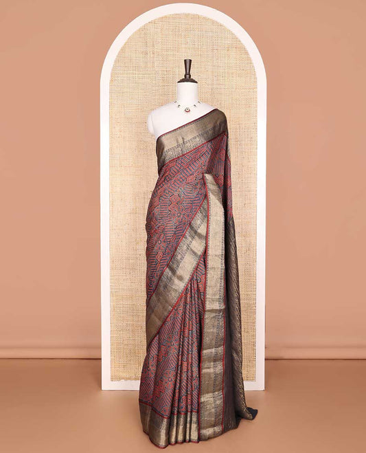 Red geometric design pure crepe saree with contrast border of zari desogn & ogee design pallu