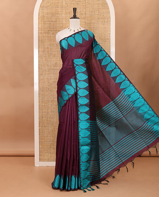 Purple plain jute cotton saree , contrast leaf thread butta border & lining seer pallu with tussels