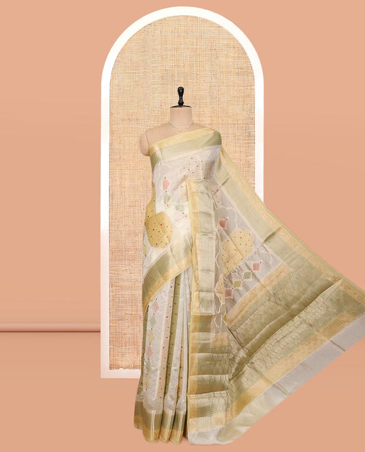 Yellow Dupion Silk Saree, Embellished with Rangkat-Style Mughal Designs, a Contrast Traditional Zari Border, Ogee Pallu, and a Contrast Blouse
