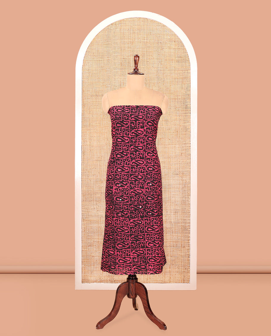 Black-Rani Pink Cotton Material Churidar Set, Paisley Batik Printed Top, a Matching Bottom, a Batik Printed Dupatta