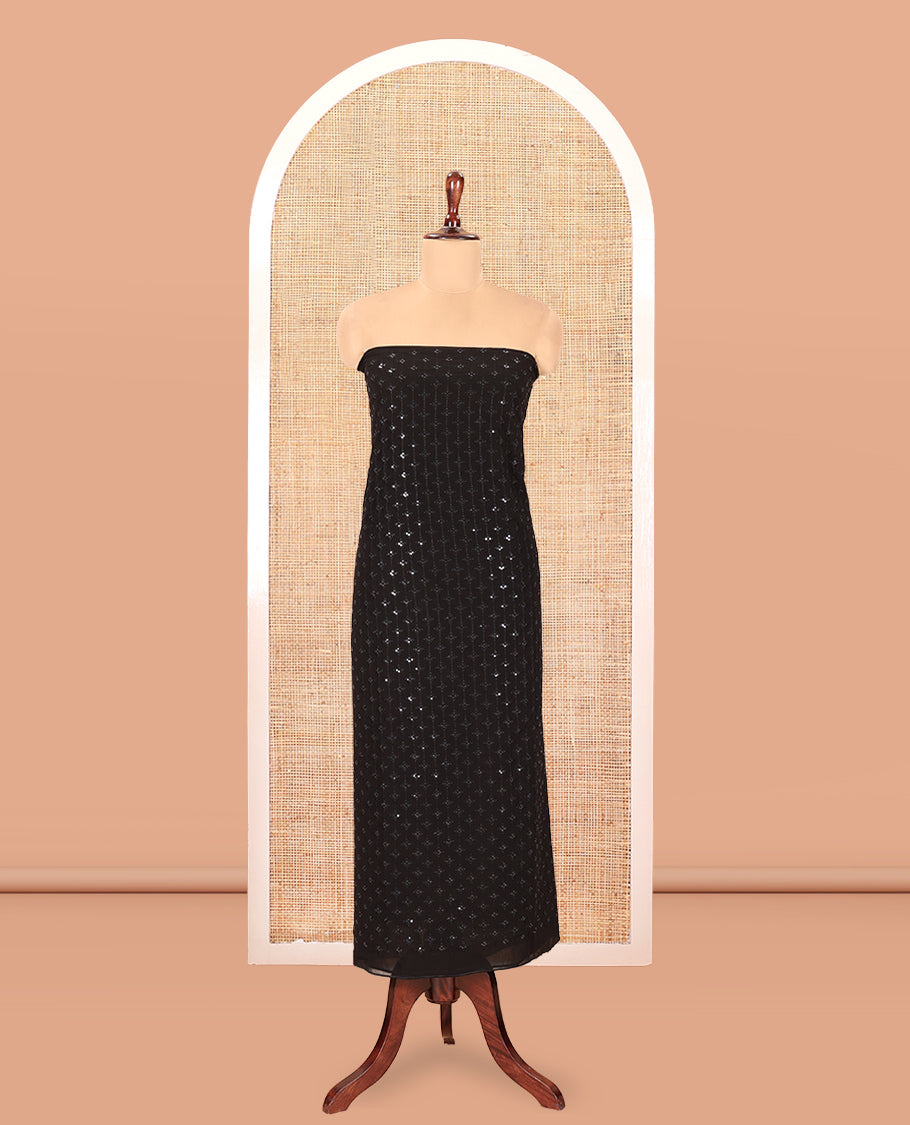 Black Georgette Material Churidar, Woven with Sequins Embroidered Top, a Matching Bottom, and Embroidered Dupatta
