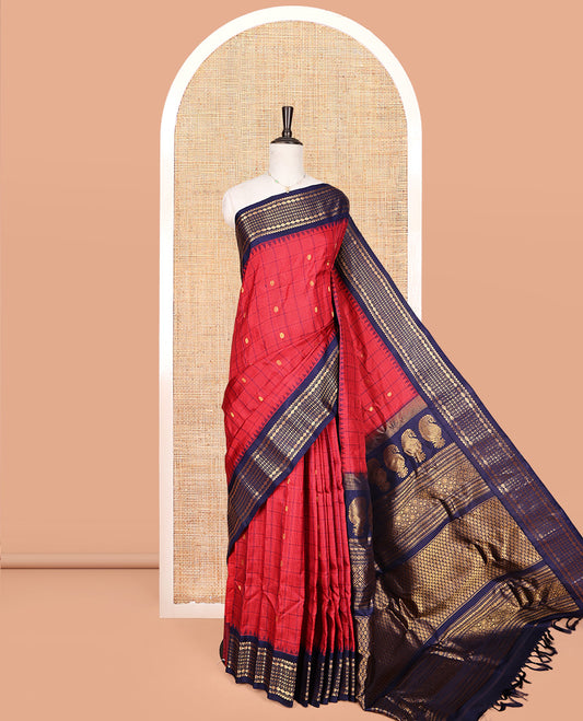 Red Gadwal Silk Saree, Finely Crafted with Buttas and Checks, Complemented by a Contrast Traditional Zari Border, Grand Jaal Pallu, and a Contrast Blouse