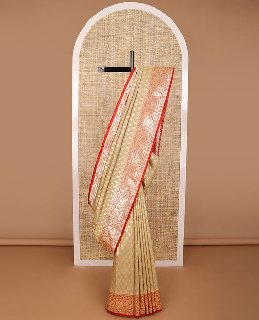 Mint green leaf buttas semi banaras nylon saree with self intricate zari design border & floral jaal design pallu