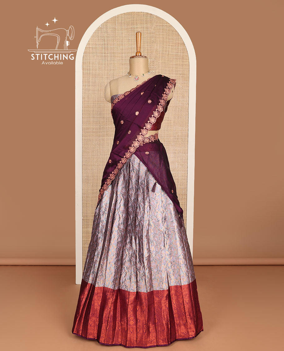 Grey floral buttas half saree with contrast traditional zari design border, zari design blouse & floral embroidery scallop border dhavani