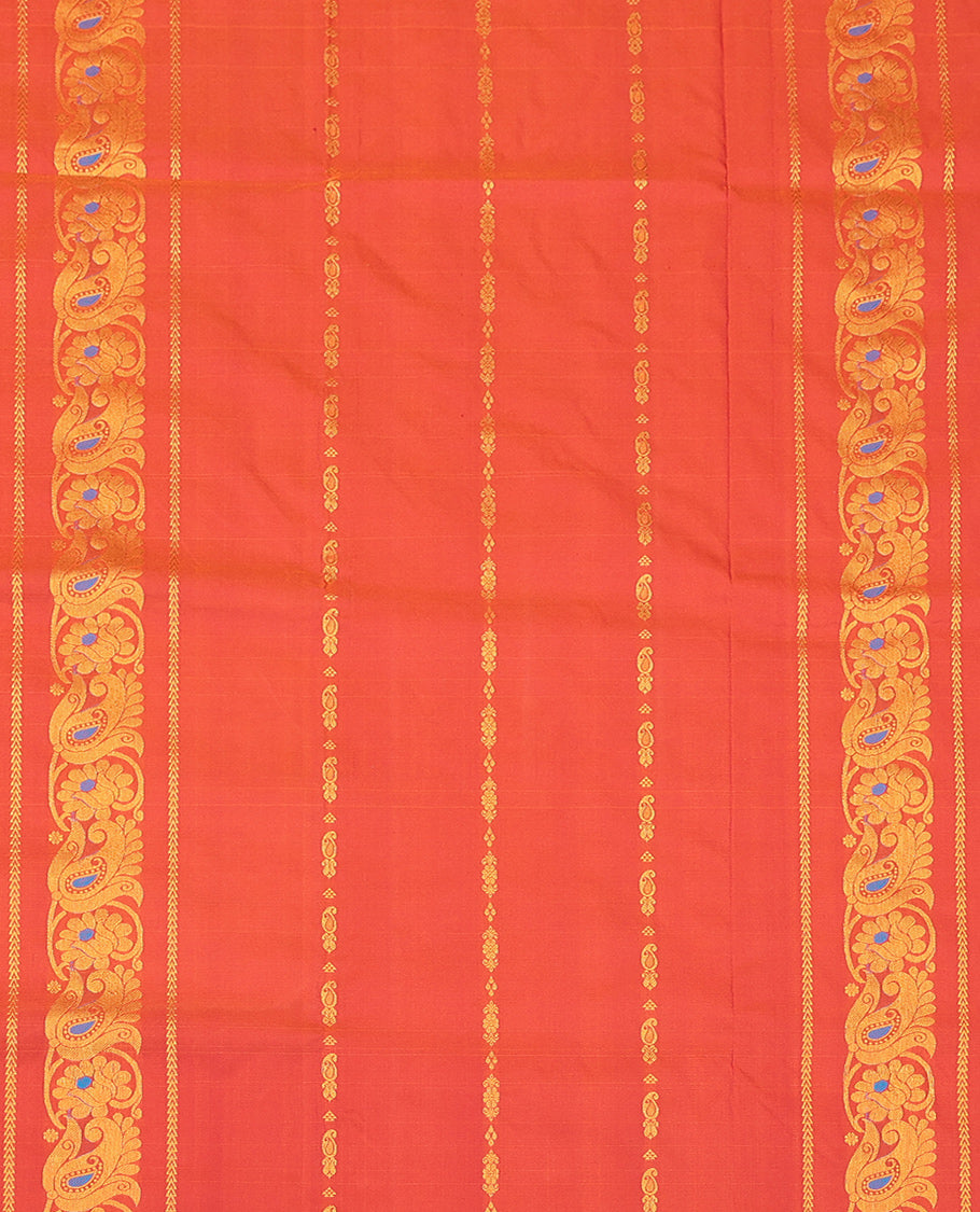 Rust Art Silk Pavadai Material Set, Bedecked with Zari Designs on Its Skirt, Complemented by a Contrast Traditional Zari Border, and a Matching Blouse