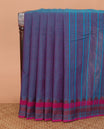 Violet plain Chettinad cotton saree, contrast temple traditional border, and striped pallu