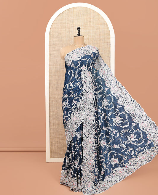 Blue Designer Saree, Impeccably Styled with Floral-Paisley Embroidery, Scallop Floral-Paisley Embroidered Border, and Matching Embroidered Blouse