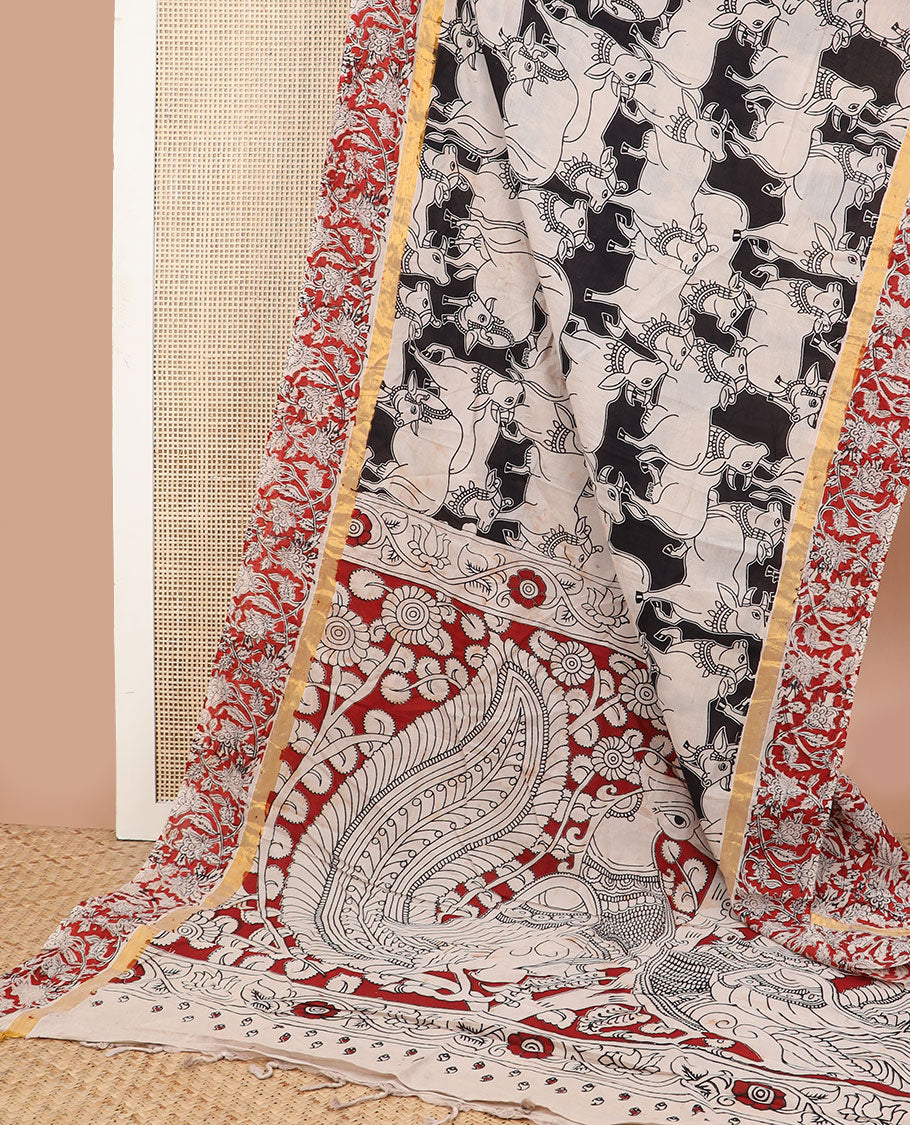 Black pichwai design machine printed kalamkari cotton saree with contrast floral design border & floral, peacock design pallu