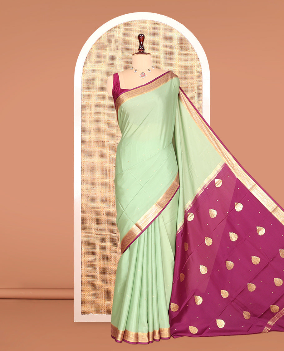 Pale Green Zari Buttas Mysore Silk Saree, Complemented by a Contrast Traditional Zari Border, Zari Design Pallu, and a Contrast Blouse