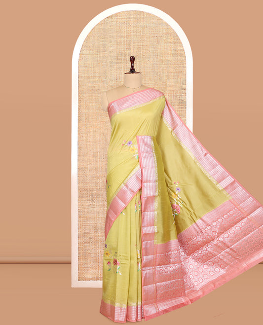 Pale Yellow Raw mango Silk Saree, Subtly Sparkled with Checks and Floral Buttas, a Contrast Floral Creeper Border, Intricate Pallu, and a Contrast Blouse