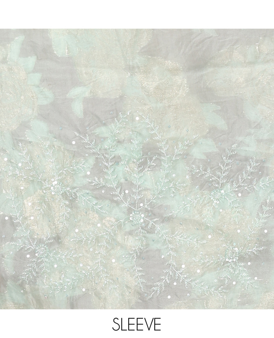 Sea Green Turkey Organza Saree Features Floral Gold-Glitter work, Scallop Border, Embroidered Blouse