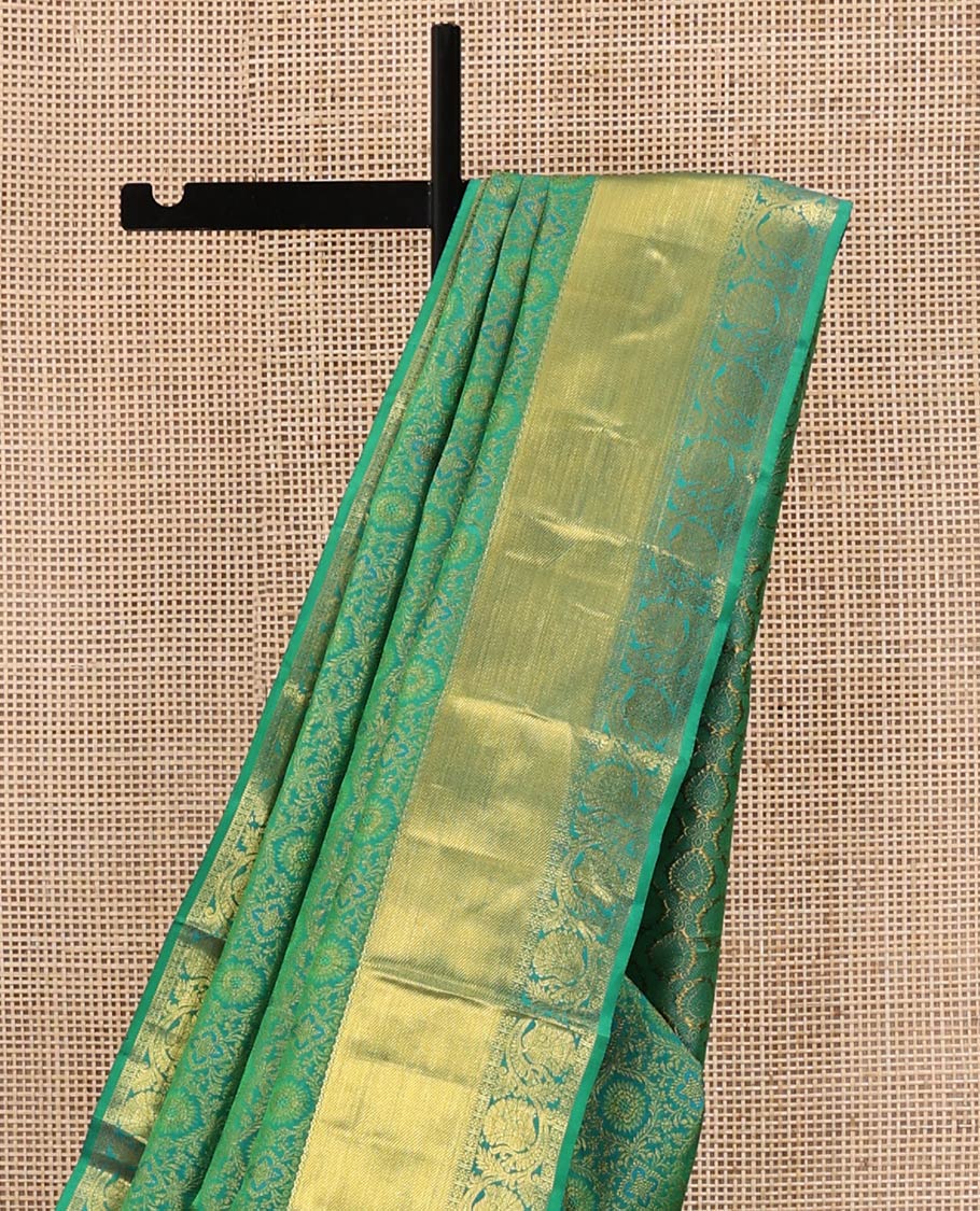Green Kanchipuram Wedding Silk Saree, Enriched with Floral Jacquard Design On Its Body, Highlighted by Zari Border of Kodi Visiry Designs, Grand Pallu and Paired with a Matching Blouse