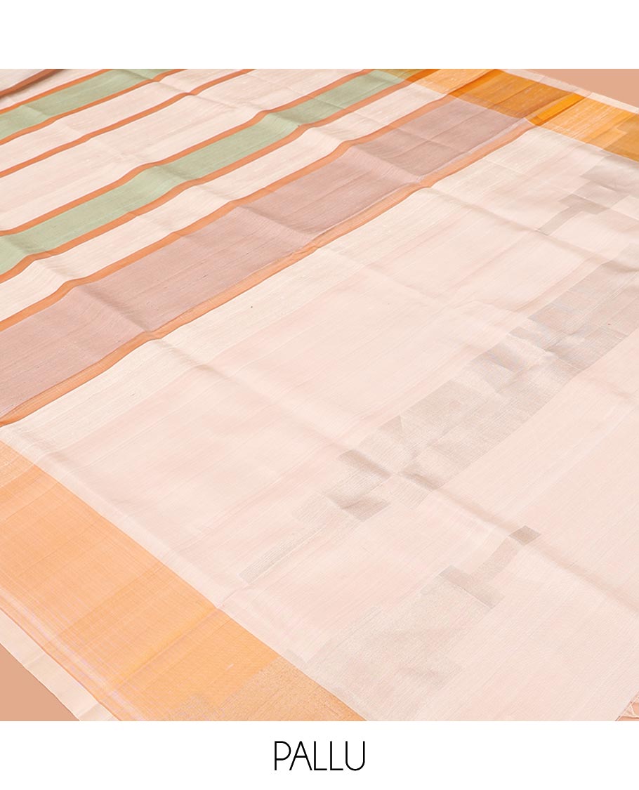 Cream-Base Mayuri Soft Silk Saree, Delicately Woven with Multi-Color Stripes on Its Body, Complemented by a Sparse Pallu of Thazampoo Rekku Designs, and Paired with a Matching Blouse