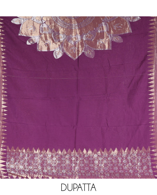 Dark Purple Semi-Silk Material Churidar Features Zari Buttas Skirt, a Plain Bottom, and a Floral Motif Zari Woven Dupatta