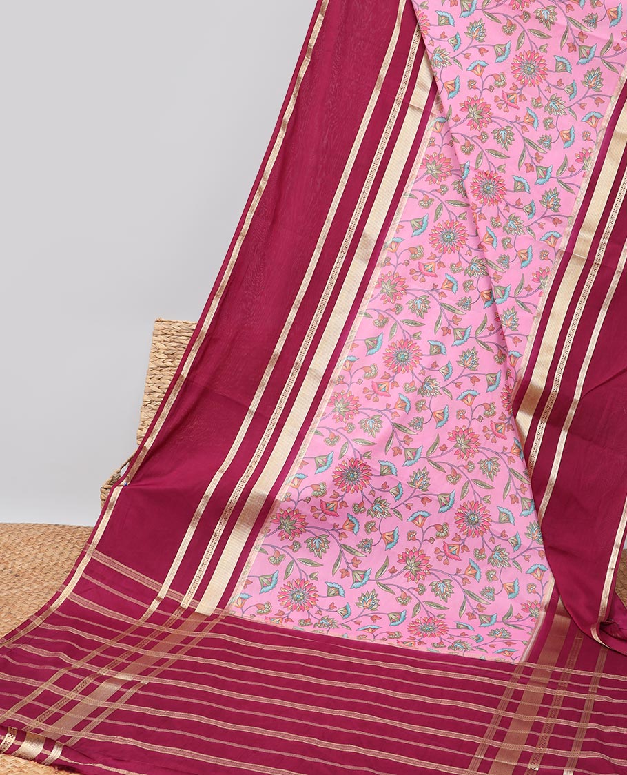 Pink floral vine design mysore silk saree with contrast zari border & striped zari pallu