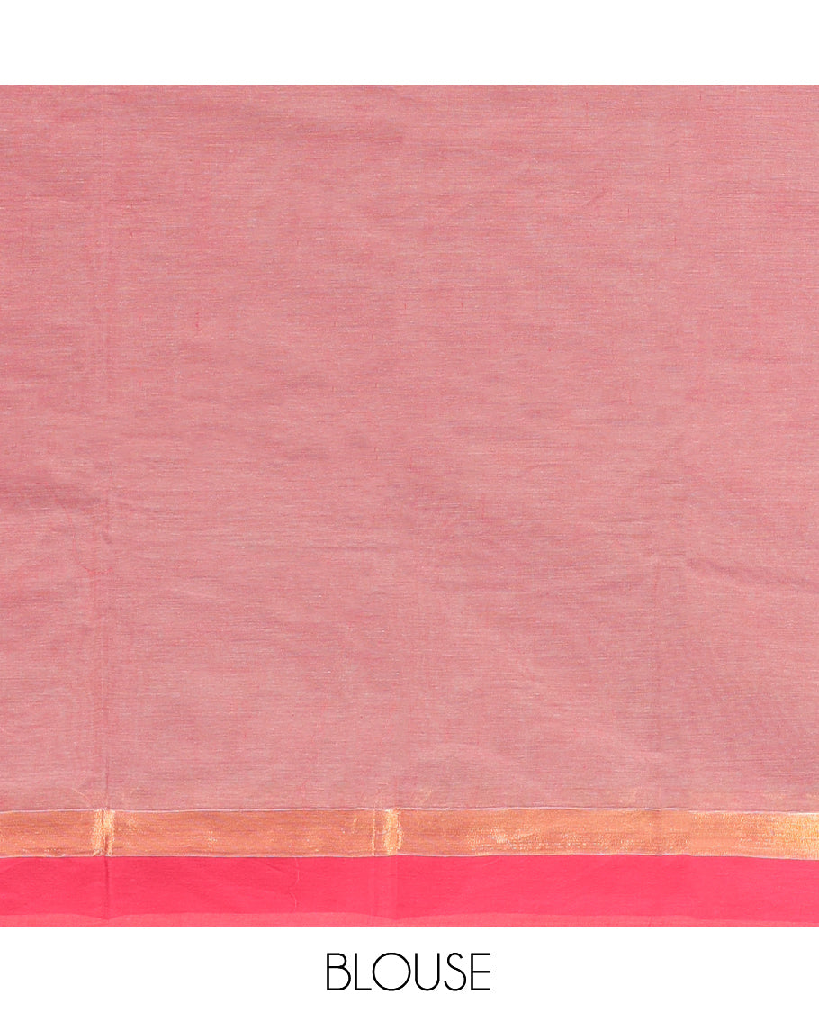 Peach Kanchi Cotton Saree, Elevated with Thread Buttas on Its Body, Complemented by a Contrast Border, Floral-Design Pallu, and a Matching Blouse