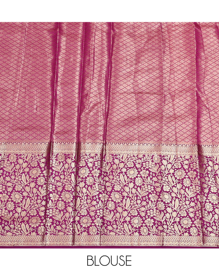 Pink Art Silk Half-Saree, Decorated with Jacquard Design, Contrast Floral Zari Border, Paired with a Contrast Jacquard Blouse, and an Intricate Dhavani