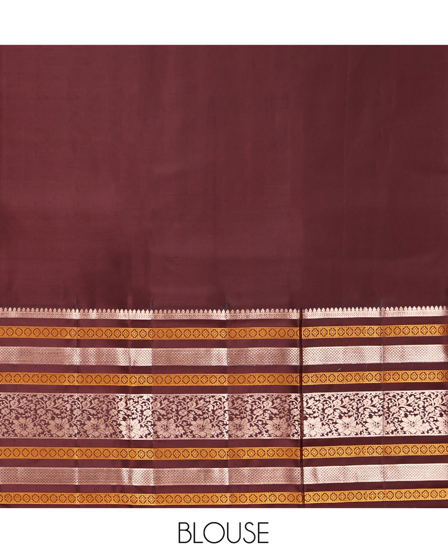 Yellow Vasundhara Silk Saree, Richly Detailed with Zari Buttas All Over Its Body, Complemented by a Contrast Border of Thilakam, Neli, Laddu Kamalam, and Kodi Visiry Designs, Pallu of Butta Enclosed Checks, and Paired with a Contrast Blouse