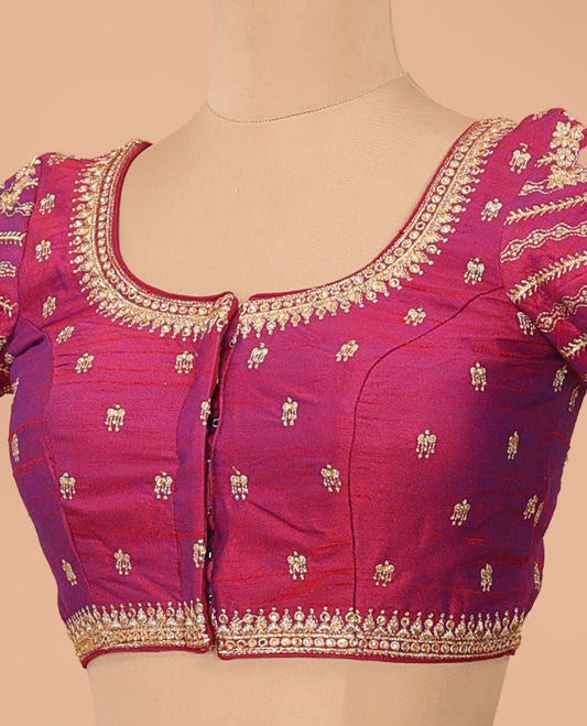 Pink intricately thread embroidered front-back round neck elbow sleeve blouse