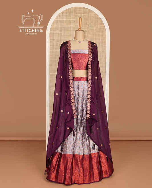 Grey floral buttas half saree with contrast traditional zari design border, zari design blouse & floral embroidery scallop border dhavani
