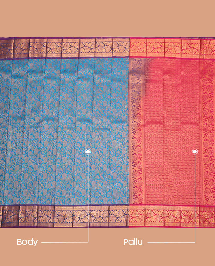 Blue Budget Silk Saree, Adorned with Floral Jacquard, Complemented by Contrast Floral Creeper Border, Grand Pallu and a Contrast Blouse