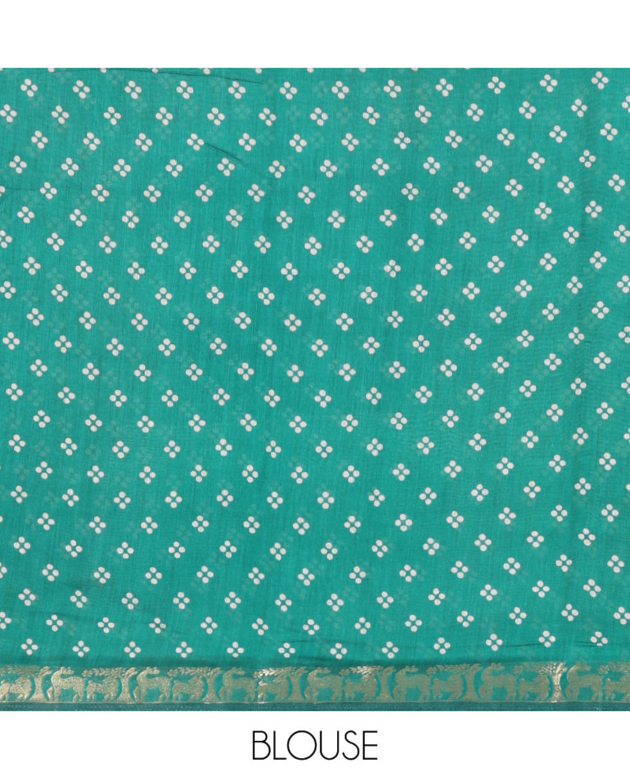 Olive Muslin Cotton Saree Decked Up with Zig-Zag Shibori Patterns Prints, Complemented by a Contrast Border of Deer Motifs in Zari, Pallu Decked Up with Scenery Print, and Paired with a Contrast Polka Dots Printed Blouse