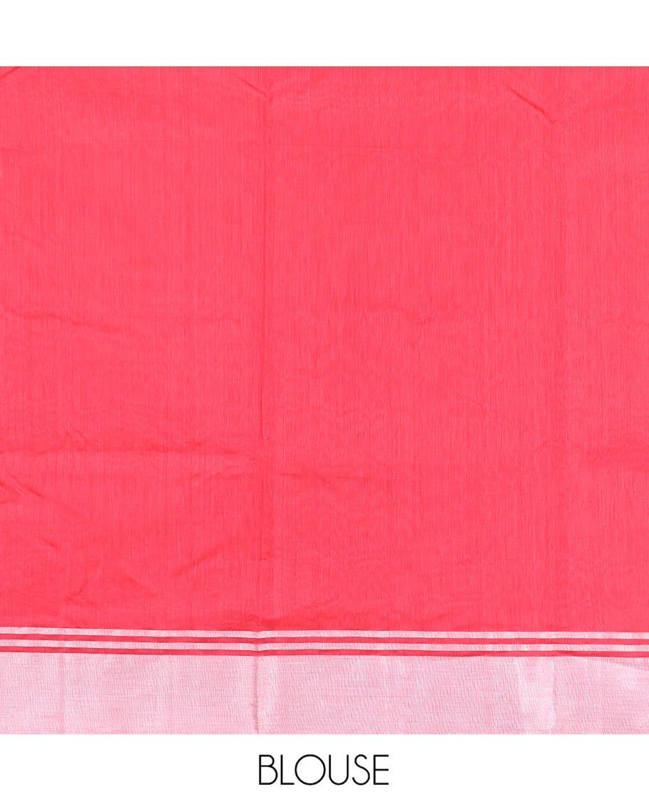Red Chanderi Cotton Saree, Embellished with Floral Zari Buttas All Over Its Body, Highlighted by a Bavanji Border, Pallu Steeped with Zari Stripes, and Paired with a Matching Blouse