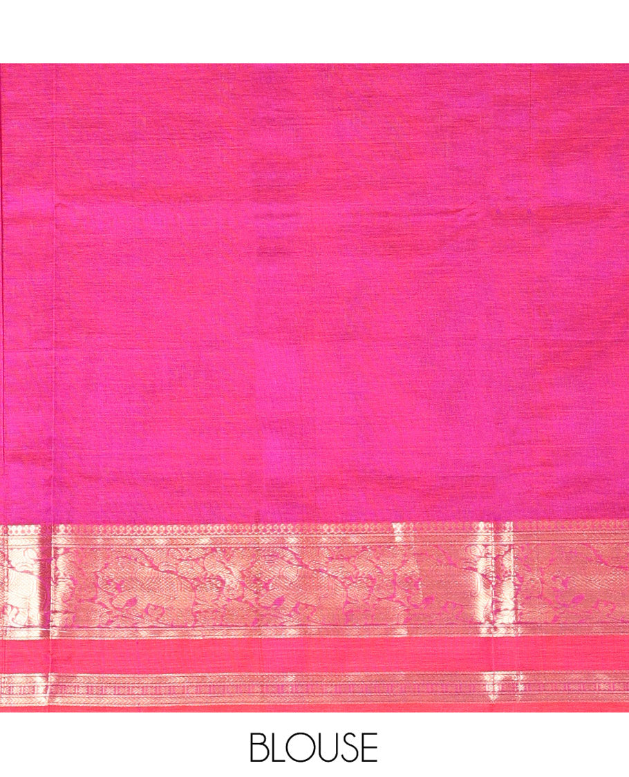 Pink Kuppadam Silk Saree, Embellished with Checks, a Contrast Peacock-Elephant Zari Border, Pallu of Lion Designs, and a Matching Blouse