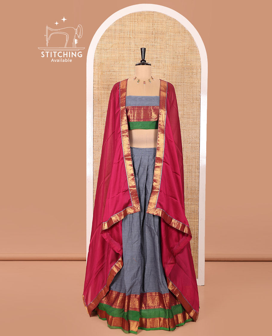 Dark Grey and Pink Chettinad Cotton Half-Saree Featuring Plain Skirt, Adorned with a Contrast Traditional Zari Design Rettai Pettu Border of Peacock Designs, Paired with a Matching Blouse, and Contrast Satin Georgette Dhavani with Zari Border