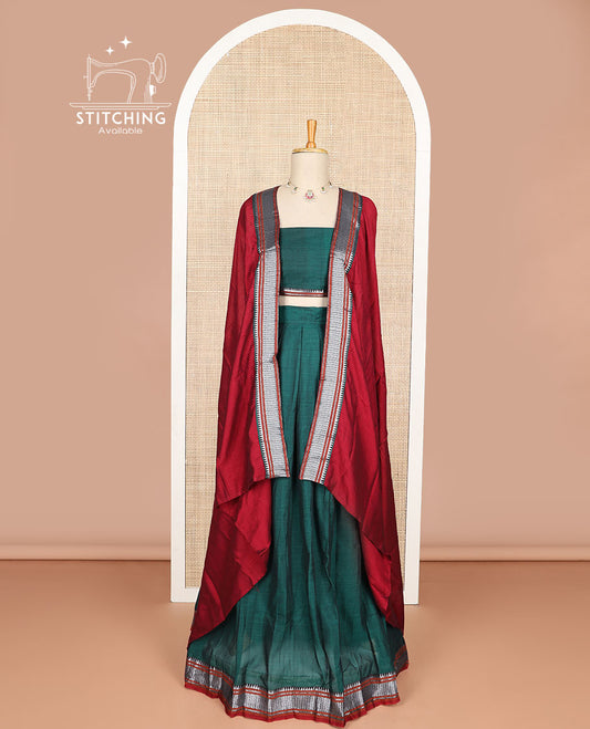 Green cotton half saree with contrast zari design border, zari design blouse & zari design border dhavani