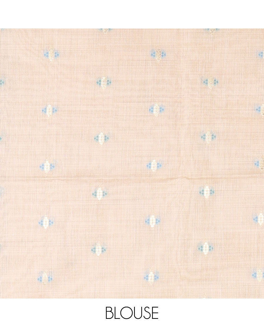 Cream resham thread and zari buttas Munga cotton saree, traditional gold zari border, tree motifs blue thread work pallu, and matching buttas blouse