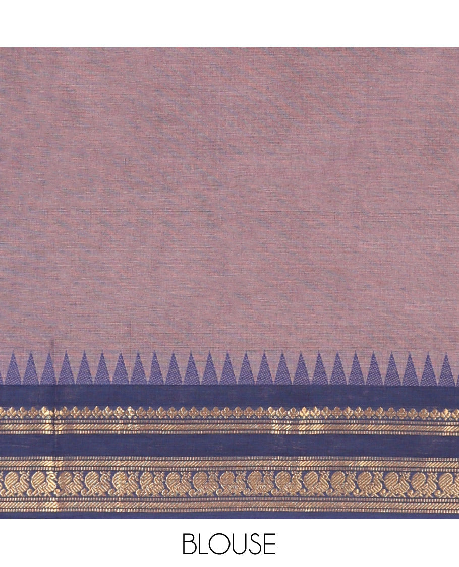Brown Plain Chettinad Cotton Saree, Enriched by a Contrast Traditional Temple Rettai Pettu Peacock Border, a Striped Pallu and a Matching Blouse