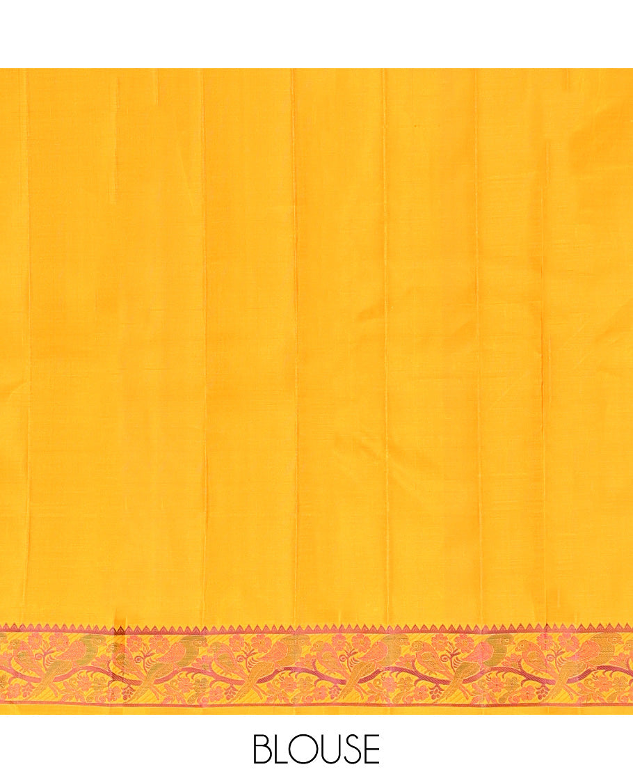 Yellow Buttas Kanchipuram Silk Saree, a Floral-Bird Thread Border, Bird Motif Pallu, Matching Blouse