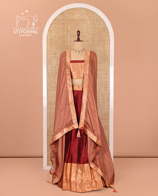 Red Semi-Banaras Half-Saree, Plain Contrast Intricate-Bordered Skirt, Matching Blouse, Contrast Dhavani