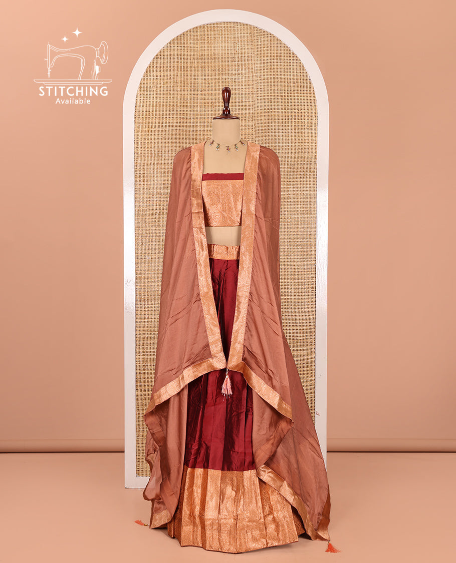 Red Semi-Banaras Half-Saree, Plain Contrast Intricate-Bordered Skirt, Matching Blouse, Contrast Dhavani