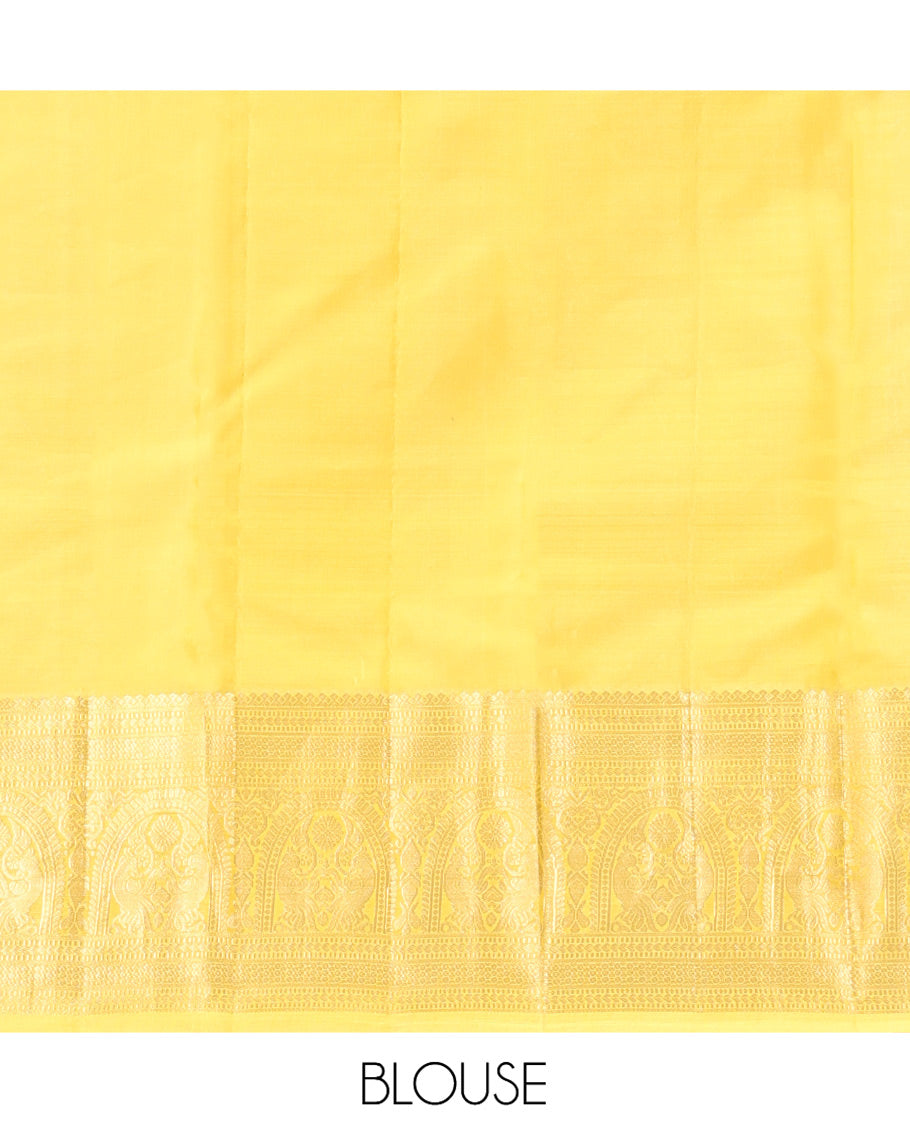 Orange Zari Buttas Vasundhara Silk Saree, Complemented by a Contrast Traditional Border of Mayil Designs, Sparsely Threaded Pallu, and a Contrast Blouse