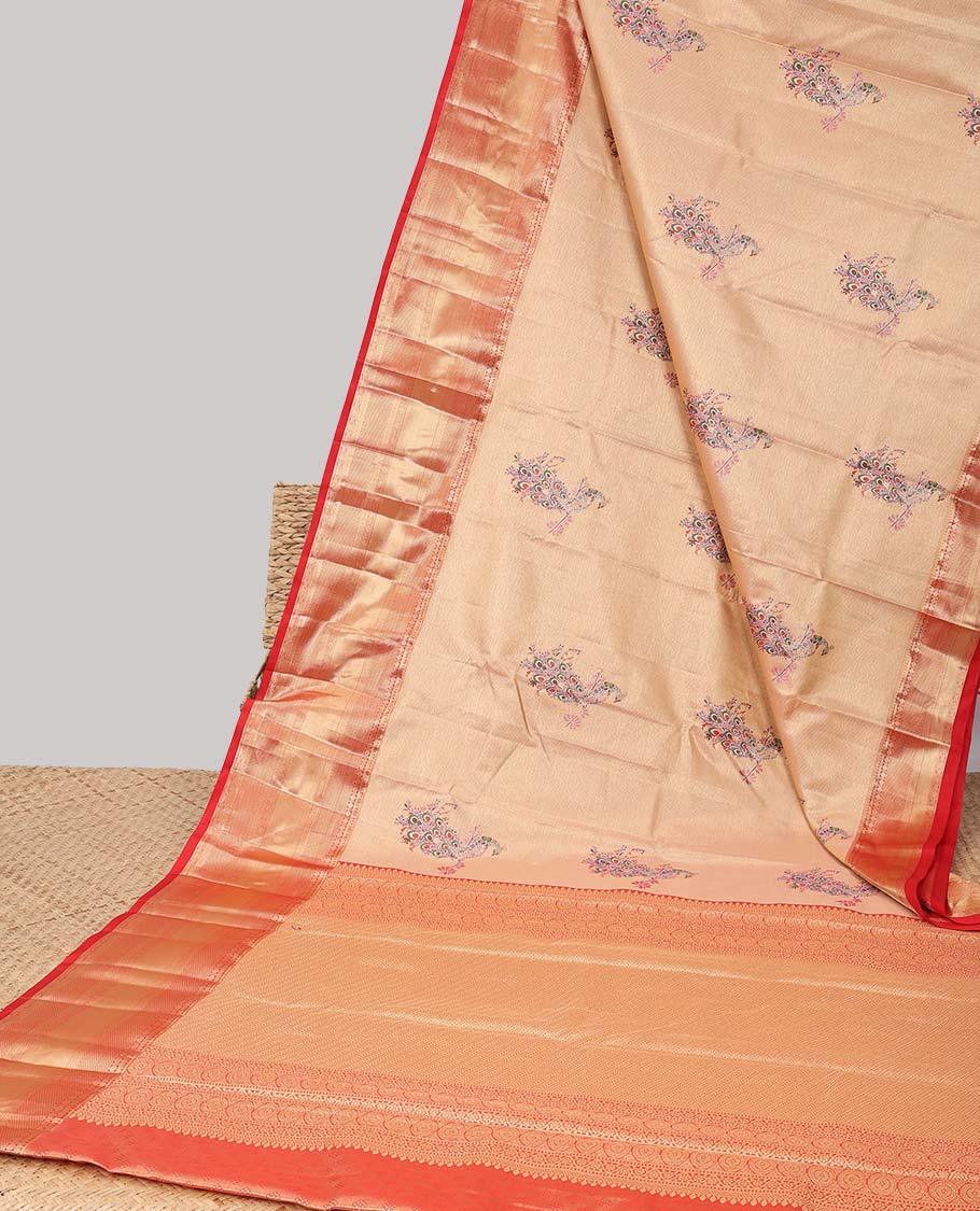 Brown peacock buttas budget silk saree with contrast intricate zari design border & floral zari design pallu