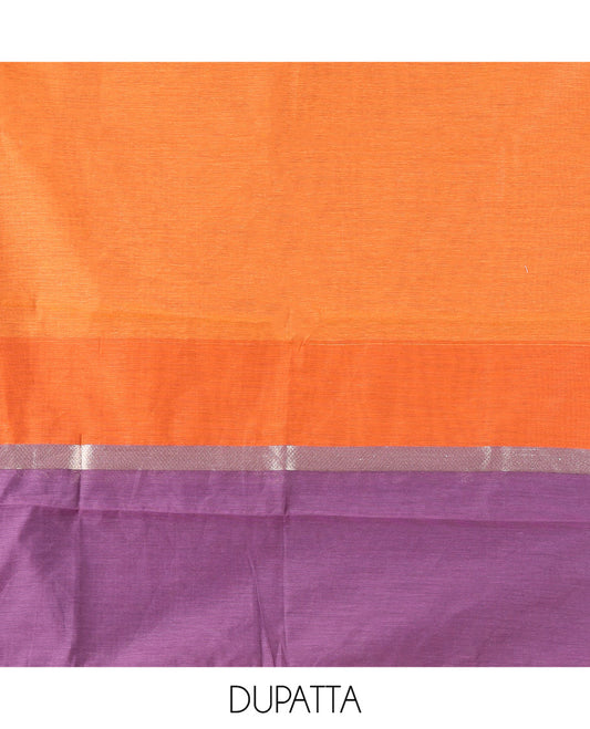 Dark Lavender Semi-Chanderi Material Churidar Features Floral Buttas Top, a Plain Bottom, and a Contrast Dupatta